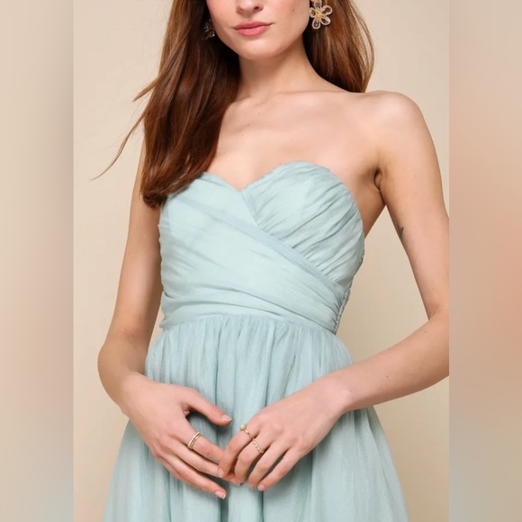 LULUS Fairytale Design Sage Green Organza Strapless A-Line Midi Dress XS NWT - Picture 3 of 14